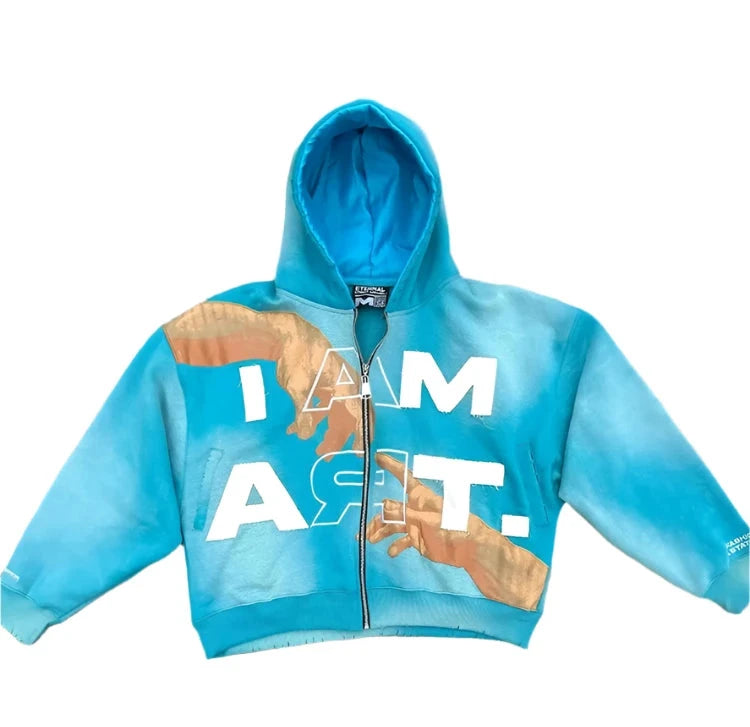Loose Zip-up "I AM ART" Sweatshirt (Silk Hoodie)