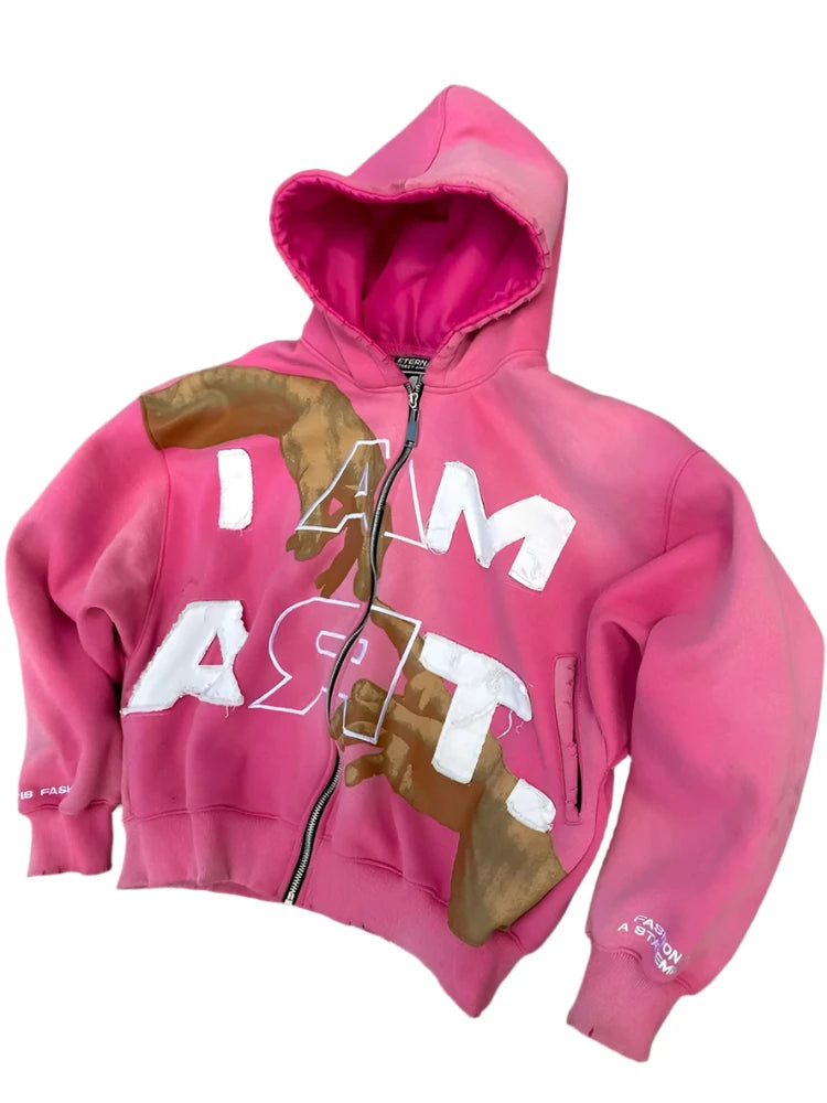 Loose Zip-up "I AM ART" Sweatshirt (Silk Hoodie)