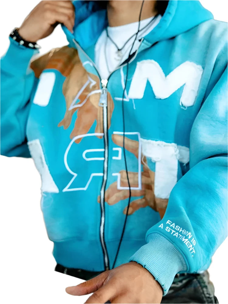 Loose Zip-up "I AM ART" Sweatshirt (Silk Hoodie)
