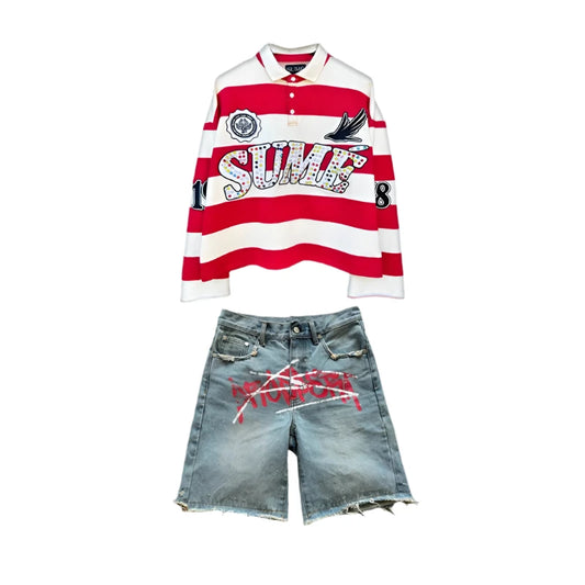 2 Pcs Shirts Co-ords Sume Rugby Diamond Embroidery Stripe Polo Shirt And Jorts