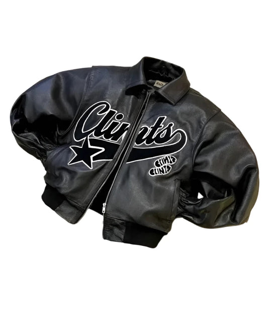 Leather Retro Embroidered Varsity Jacket (Black/Cameo)